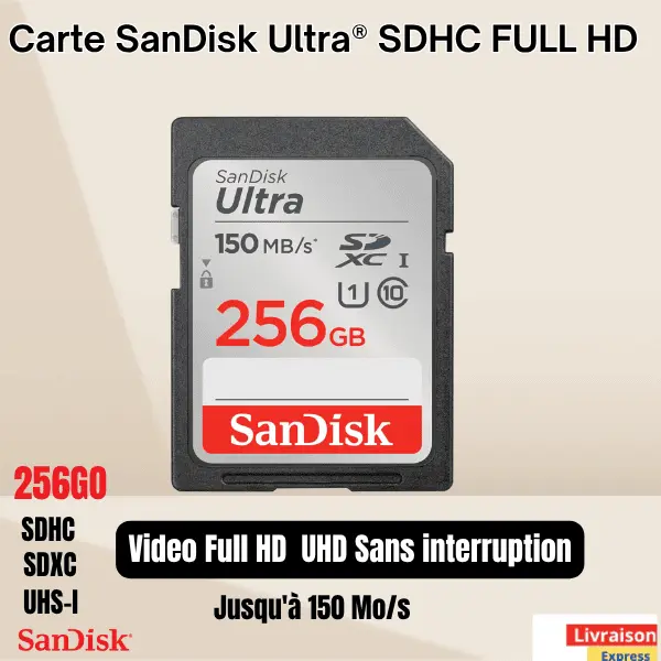 Carte SanDisk Ultra 256GO SDHC™ , SDXC™ ,SDCARD , UHS-I FullHD