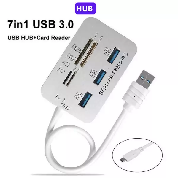 Adaptateur de lecteur de carte mémoire Hub 7 en 1, 3 ports USB, type C/A 3.0 HUB + 4 ports – Image 3