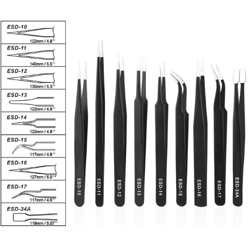 Ruiheng 9PCS Kit pince à épiler en acier inoxydable ESD noir antistatique pour réparation électronique