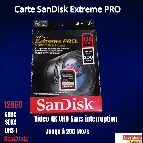 SanDisk Extreme PRO 128Go Carte SDXC, Carte SD V30, UHS-I, 4K – Image 2